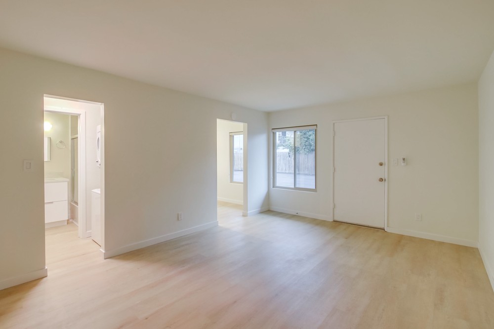 The same style of living space vacant — bright walls, wide-plank floors and a large window